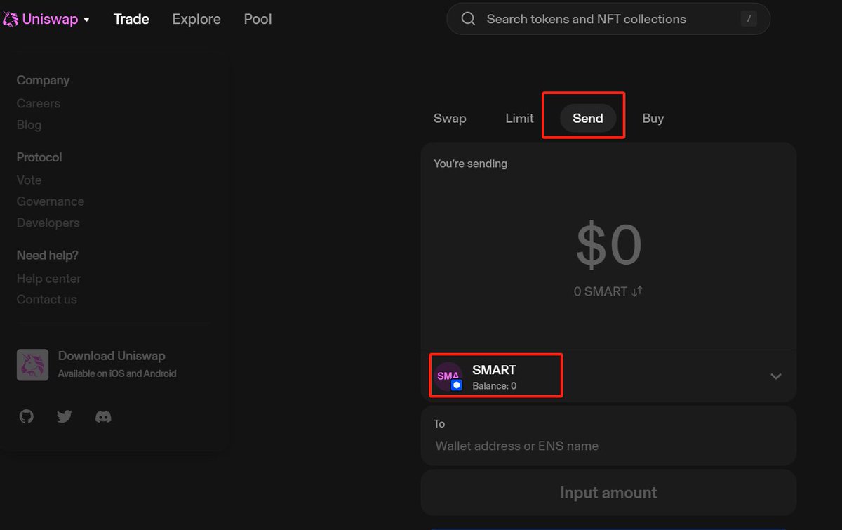 $Smart 最近很火 ，很多人看kol推荐就直接用小狐狸上了买完发现卖不了 ，喜提“强制锁仓”，还有些朋友直接用coinbase的智能钱包但是后续卖不出并且资产列表不显示smart，这里给大家提供一个办法：
以uniswap为例，需要在uni里点击send将代币send的safe钱包（app.safe.global）