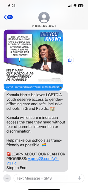 This Musk-linked hoax text impersonates the Harris campaign and claims she supports schools in Grand Rapids offering sex change operations to students without interference from parents. Links to the hoax site discussed above.