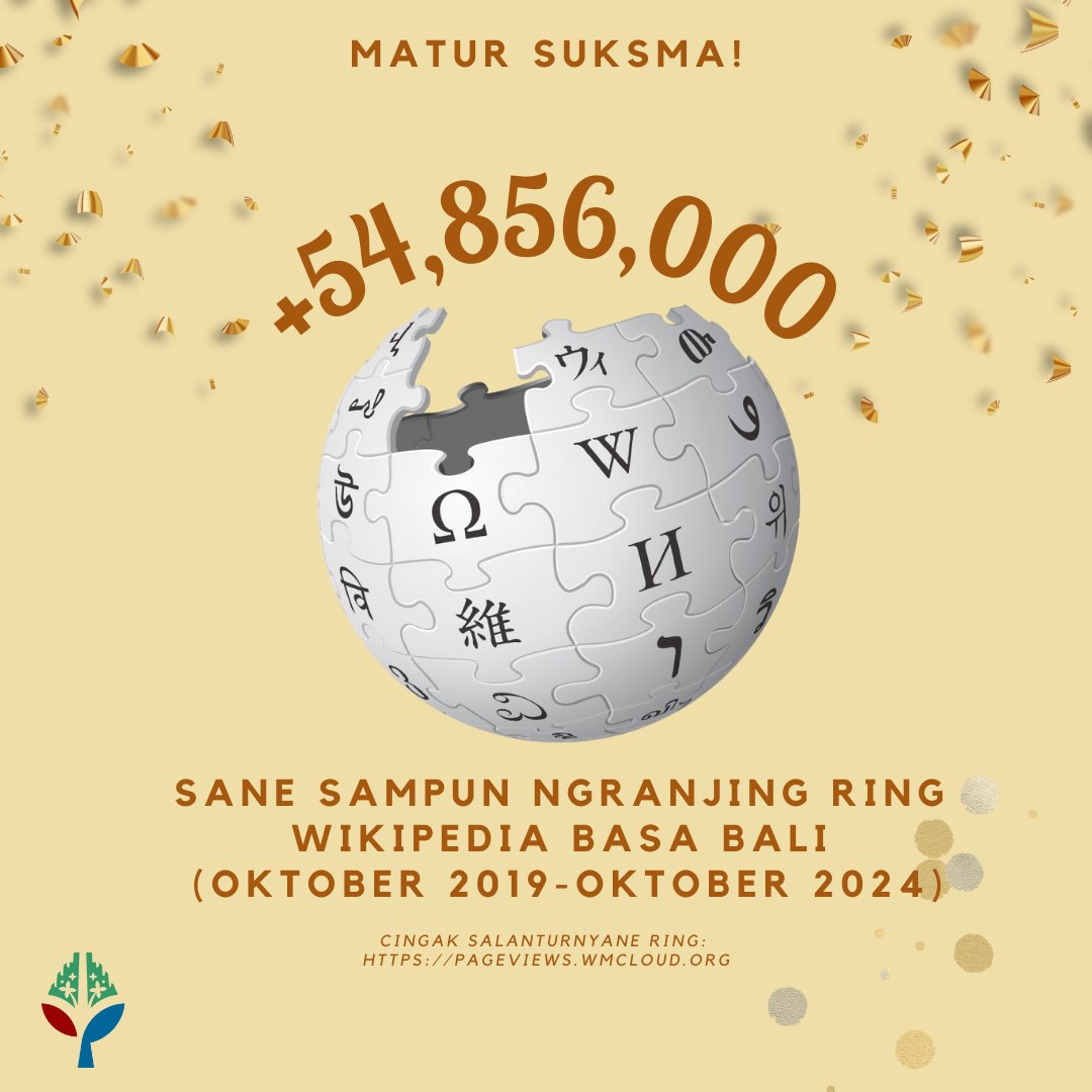 WikipediaBali's tweet photo. Matur suksma sareng sang sané sampun jagi rauh ring Wikipédia Basa Bali nganti mangkin. Dumogi Wikipedia dados Énsiklopédi bébas nganggén basa Bali sané pinih ageng ring ambaralaya. Rahajeng wanti warsa kaping 5! https://t.co/ibyRDMikHk