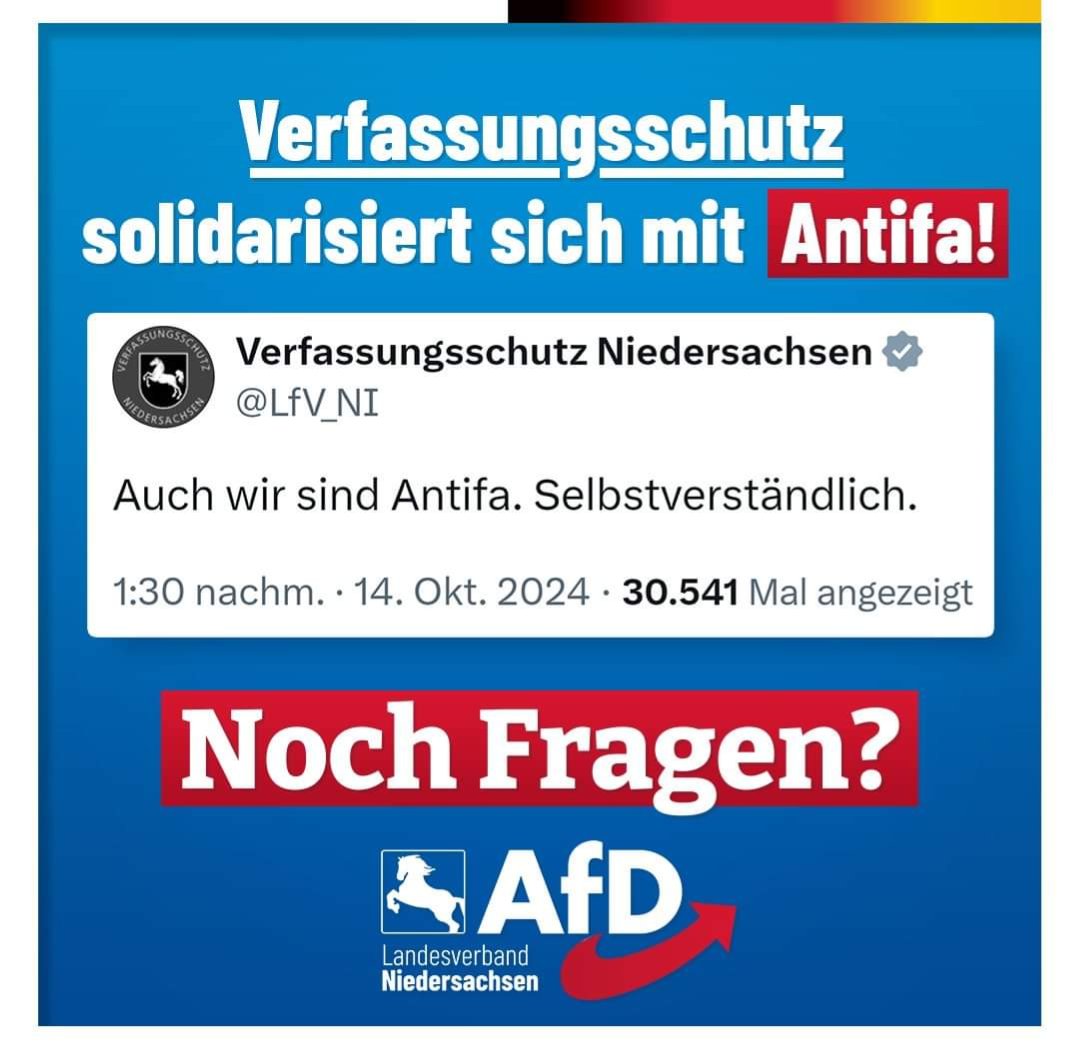 ++ Antifa und Verfassungsschutz: Wer war nochmal wer? ++

„Siamo tutti antifascisti!" schreibt der Verfassungsschutz von Niedersachsen am 14. Oktober auf X. (auf Deutsch: „Wir sind alle Antifaschisten!") In dem Info-Tweet wird behauptet, dass es 'die' Antifa gar nicht gibt und