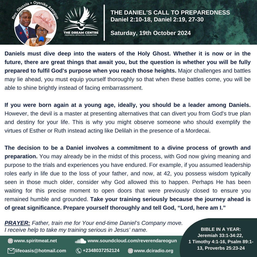 dcloicint's tweet photo. THE DANIEL’S CALL TO PREPAREDNESS
Daniel 2:10-18, Daniel 2:19, 27-30
Take your training seriously because the journey ahead is of great significance. Prepare yourself thoroughly and tell God, “Lord, here am I.” #SpiritMeat #ReverendAreogun #RevOyenikeAreogun https://t.co/Kt0T6Nyo1I