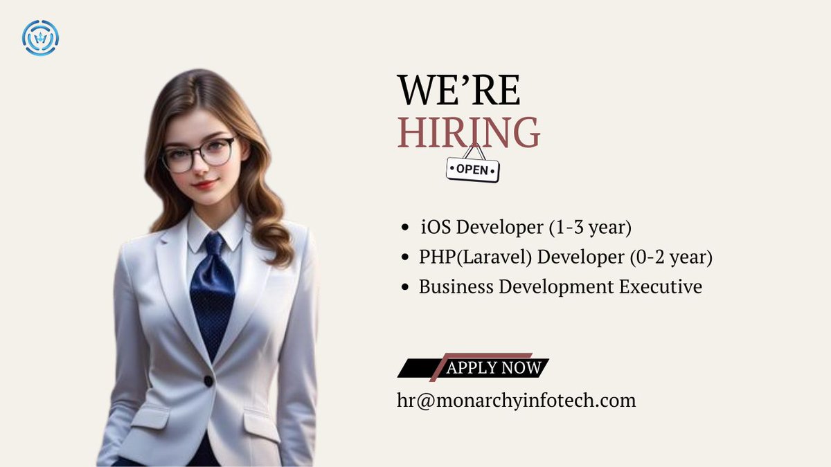 MonarchyIT's tweet image. Hello....Everyone.....
We are hiring for below position
#iOS_Developer (1-3 year)
#PHP_Laravel_Developer (0-2 year)
#Business_Development_Executive
If interested candidate kindly share your CV at hr@monarchyinfotech.com
