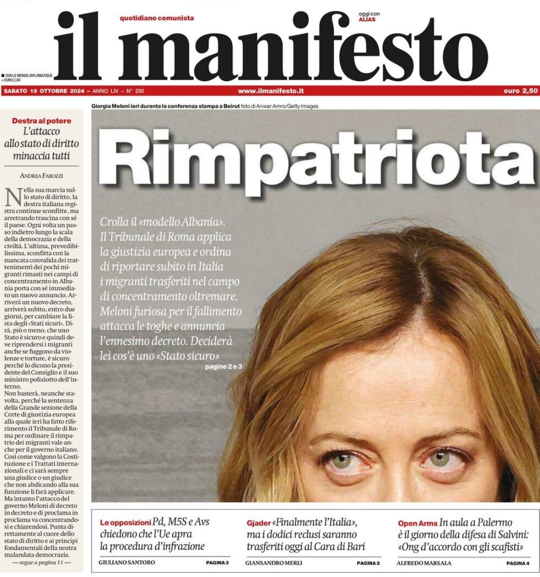 siriomerenda's tweet photo. il titolista de il Manifesto sempre una spanna sopra gli altri...
#Meloni #migranti #melonidimettiti #Albania #19ottobre https://t.co/pMChCWHlVO