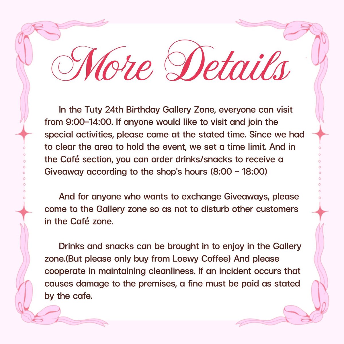 Tu_ttwOfficial's tweet photo. 🎀 Tuty 24th Birthday Café &amp; Gallery 🍰

📍: LOEWY COFFEE ( S&amp;B Tower | 2nd floor )
📆 : 3 November 2024
🕐 : 9:00-18:00 น.
❗️โปรดอ่านรายละเอียดเพิ่มเติมด้วยนะคะ (Please read the more details)❗️

#TontawanBDproject2024 
#tontawan #intuyou https://t.co/BM1AHRgZwD