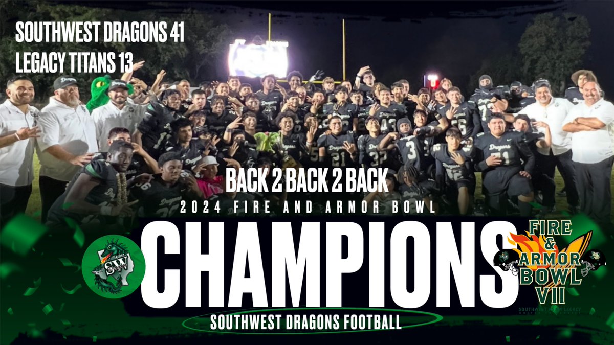 The Dragons make it 3 in a row over the Legacy Titans. Southwest shut out the Titans in the second half to win 41 to 13 in front of a packed Frazier Field at Dragon Stadium. Southwest improves to 7-0 on the season! #AAAO #WeareSW We are Southwest!