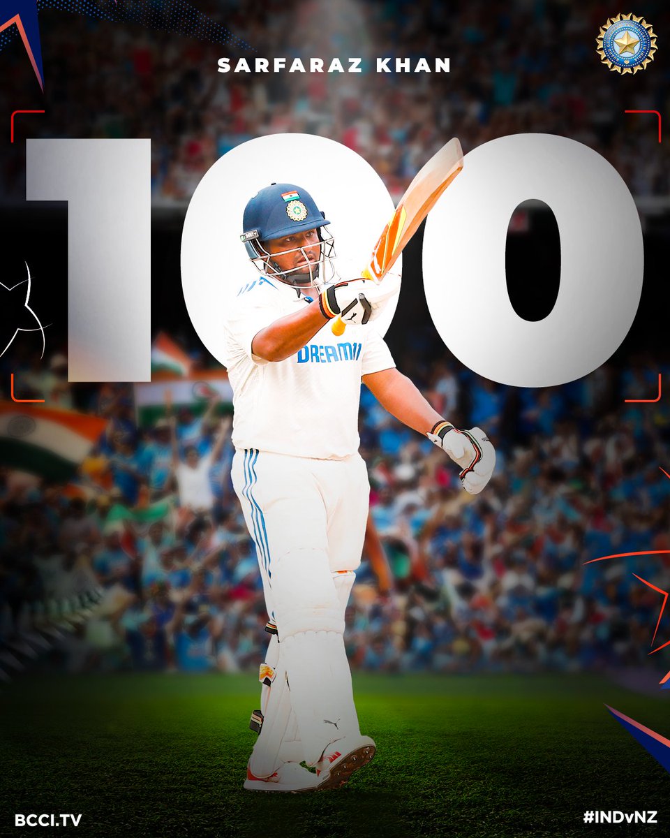 BCCI's tweet photo. Maiden Test 💯! 👏 👏

What a cracker of a knock this is from Sarfaraz Khan! ⚡️⚡️

Live ▶️ https://t.co/ynkWJ6syqk

#TeamIndia | #INDvNZ | @IDFCFIRSTBank