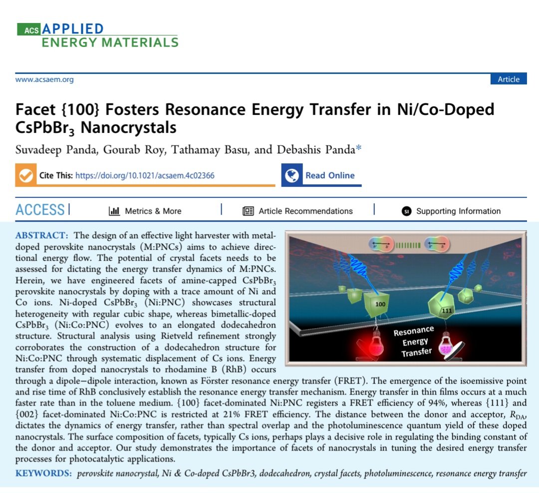 Debs_Chem's tweet photo. How does a facet of perovskite nanocrystal dictate the efficiency of FRET? 

Decoding the trilemma of energy transfer- spectral overlap integral, donor-acceptor distance, and what ? 

ACS Applied Energy Materials
https://t.co/5WzZ4KfvOM

@AmerChemSociety   
@TheRGIPT https://t.co/BfJ32dkEZb