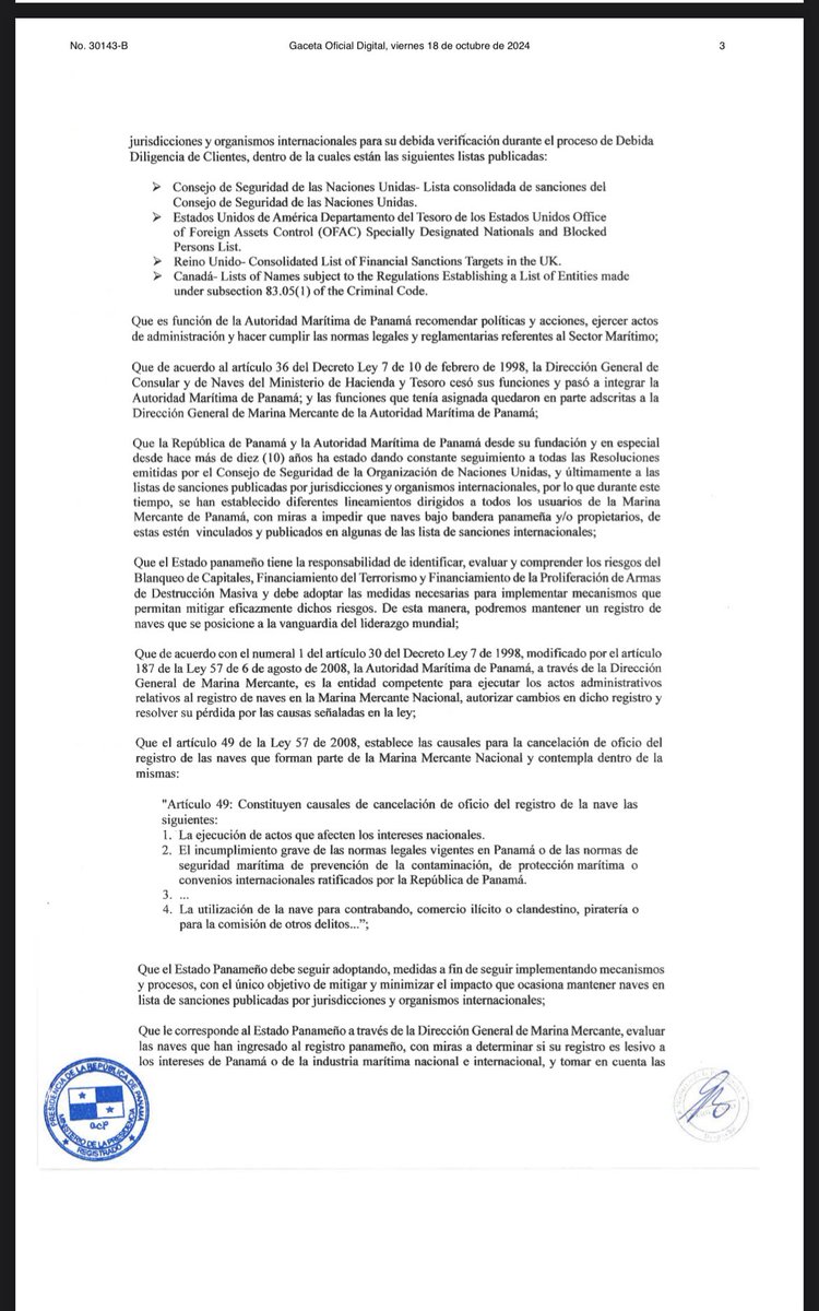 #Panama toma medida como respuesta y reacción para atender una de las razones por las cuales el país permanece en lista de país de #riesgo en #blanqueo de Unión Europea. #EU Cancelación de #registros de #naves. 1/2