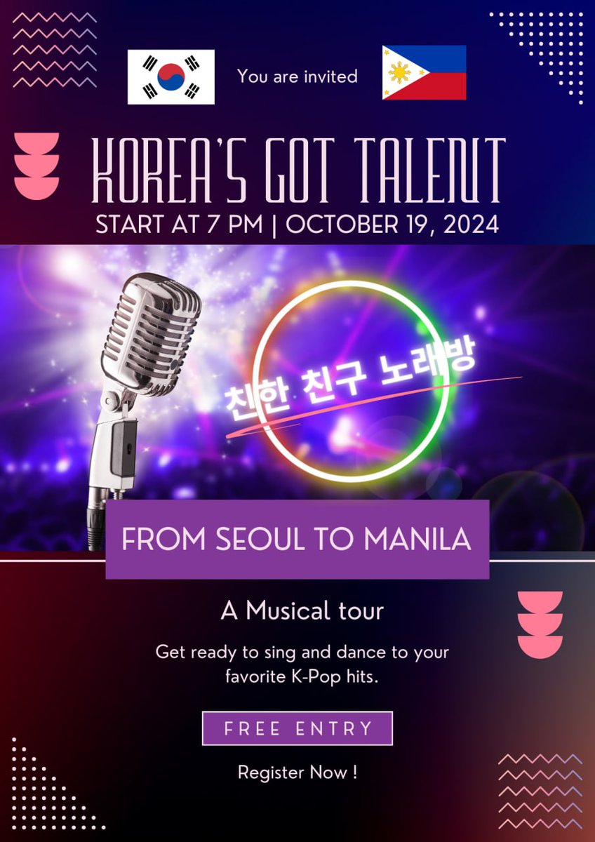 jingmi24's tweet photo. Korea’s Got Talent

From Seoul to Manila:  A Musical tour  "친한 친구 노래방"

Get ready to sing and dance to your favorite K-Pop hits.

Start at 7 PM | October 19, 2024 | Via Zoom

Registration Form

https://t.co/x9yVKxqtHY https://t.co/2giMipwHAm