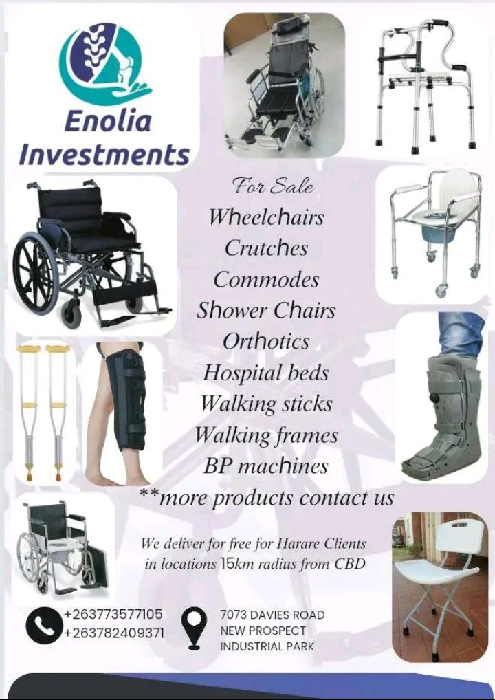 For all your wheelchair, padded commode,shower chairs, crutches, walking sticks , Zimmer frame,moon/fracture boot,brace(knee, ankle, wrist , etc) BP machines, Bloods sugar machines, hospital beds, and all medical devices and orthotics, physiotherapy devices inbox 0719/0773 577105