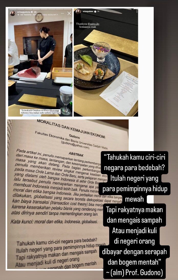 MurtadhaOne1's tweet photo. Almarhum Prof. Gudono pernah mengutip puisi ini

Tahukah kamu ciri-ciri negeri para bedebah ?
Itulah negeri yang para pemimpinnya hidup mewah
Tapi rakyatnya makan dari mengais sampah
Atau menjadi kuli di negeri orang
Yang upahnya serapah dan bogem mentah

Ironis sekali dengan apa yg dilakukan putrinya