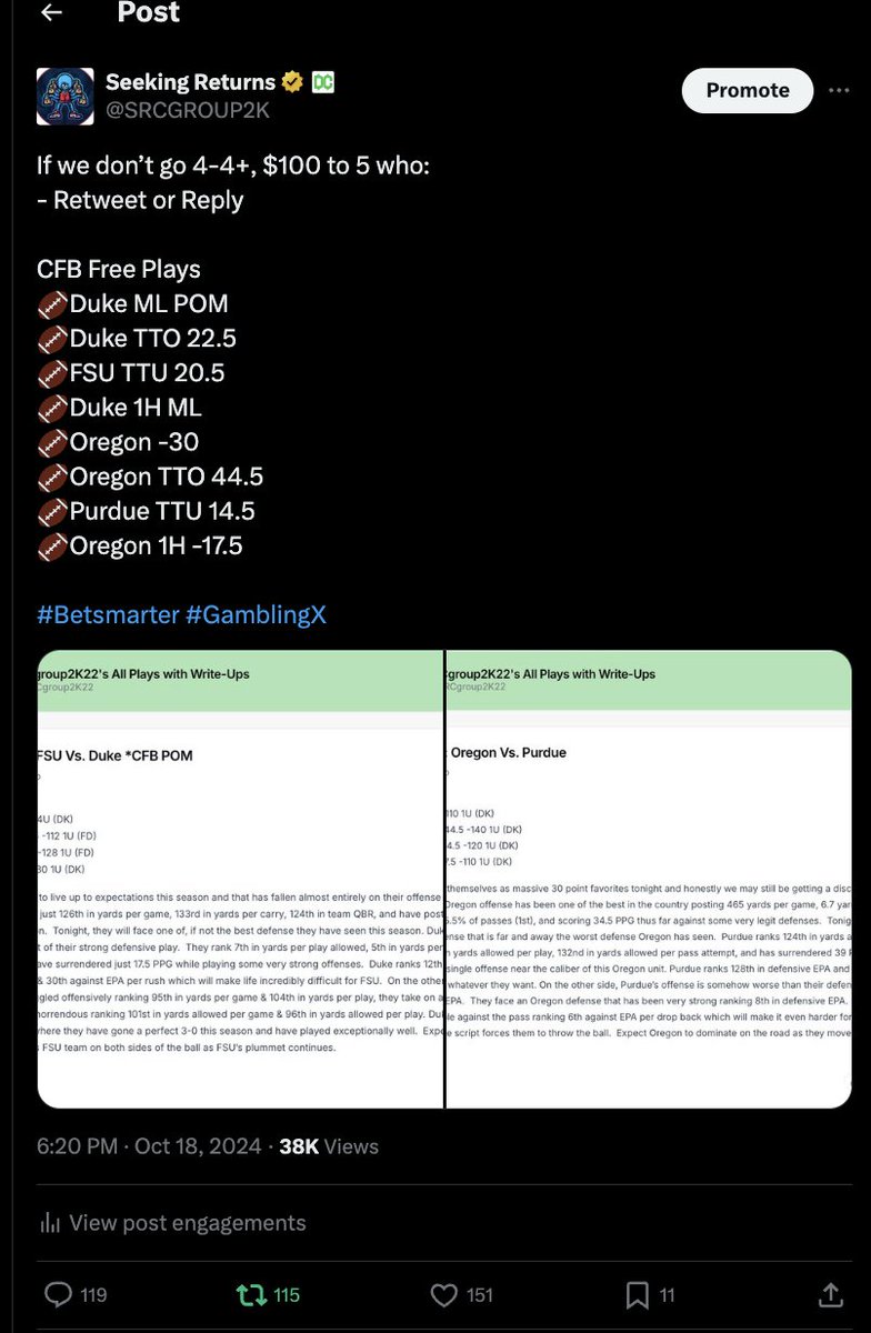 To be sent next free CFB Play (Thursday)
- Retweet &amp; Reply #Betsmarter 
- DM "Done"

CFB Free 2024: 96-39-2

CFB Free Friday: 7-1 
🏈Duke ML POM✅
🏈Duke TTO✅
🏈FSU TTU✅
🏈Duke 1H✅
🏈Oregon -30✅
🏈Purdue TTU✅
🏈Oregon TTO❌
🏈Oregon 1H -17.5✅

#GamblingX #Gamblingtwitter