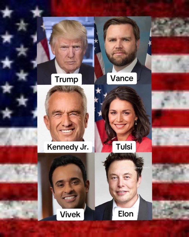 <a href="/realDonaldTrump/">Donald J. Trump</a> VOTE for President Donald Trump, JD Vance, Elon Musk  Robert F Kennedy Jr., Tulsi Gabbard and Vivek Ramaswamy like our nation’s future depends upon it, because it does❣️🇺🇸🇺🇸🇺🇸🇺🇸