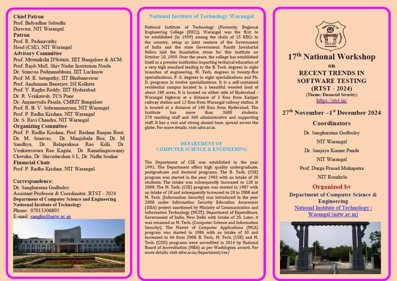 warangal_nit's tweet photo. NIT Warangal is organising 17th National Workshop on RECENT TRENDS IN SOFTWARE TESTING (RTST - 2024) from 27th November - 1st December 2024
(Theme: Financial Security)
Please visit for more details:
https://t.co/kCtgFWsjCb
#rtst #nitw #nitwarangal #workshop https://t.co/faODUIT4ll