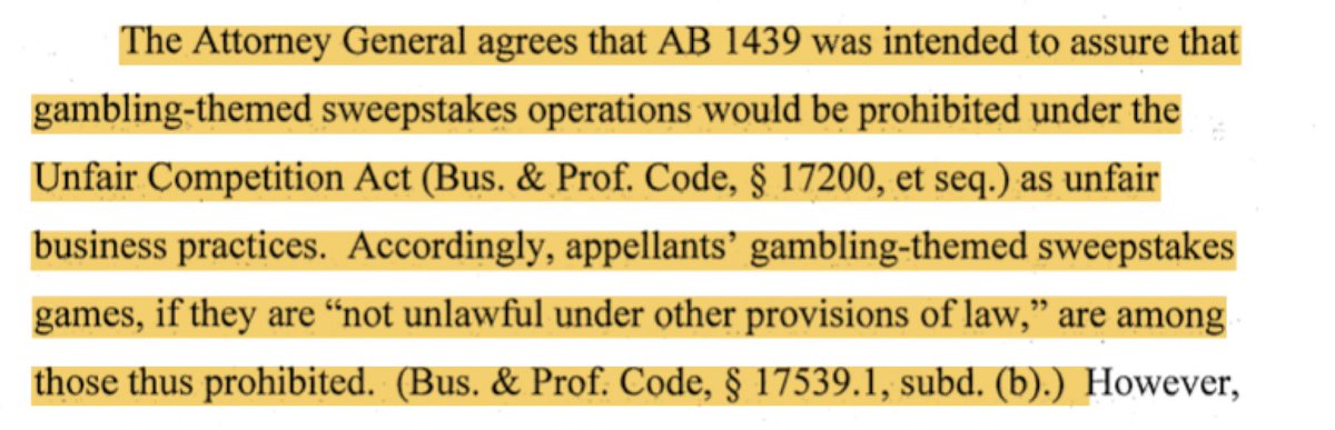 PrograsiveXPlus's tweet photo. The California AG explained that the new language in subdivision (a)(12) of Sec. 17539.1 "was intended to assure that gambling-themed sweepstakes operations would be prohibited under the Unfair Competition Act (Bus. § Prof. Code, § 17200, et seq.) as unfair business practices.” https://t.co/7FRL0s0MCa