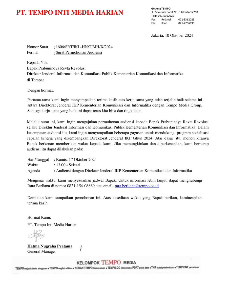 PartaiSocmed's tweet photo. UPDATE! 
Tgl 17 Oktober kemarin Tempo tidak datang utk audiensi sesuai permohonannya sendiri dalam surat keduanya (yg dilampiri proposal) padahal sudah ditungguin seharian. Tentang tawaran lisan sudah clear bahwa Tempo berbohong ya. https://t.co/U8FQp13qyh