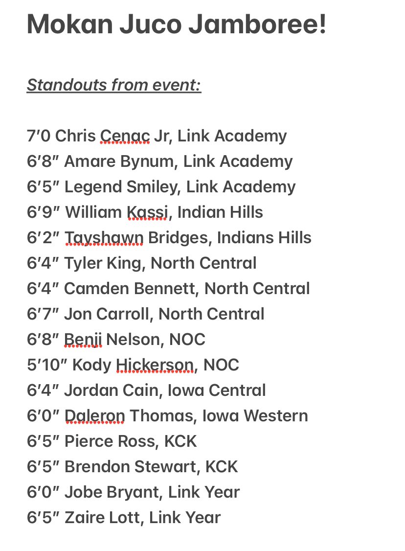 Midwest Hoops Evaluator (@hoopsevaluator) on Twitter photo I was impressed by how much talent was at <a href="/MokanBasketball/">MOKAN Basketball</a> today! Below are the guys that caught my attention.
<a href="/chriscenacjr/">Chris Cenac Jr.</a> <a href="/amarebynumm/">Amare bynum</a> <a href="/legend_smiley/">Legend Smiley</a> <a href="/WKassi1769/">William kassi</a> <a href="/05Tylerking/">Tyler King</a> <a href="/CamdenBennett8/">Camden Bennett</a> <a href="/_joncarroll/">Jonathan carroll</a> <a href="/jordancain33/">Jordan cain</a> <a href="/ThomasDaleron/">Daleron Thomas</a> <a href="/wpross3/">Pierce Ross</a> <a href="/BjStewart22/">Bj Stewart</a> <a href="/jobebryant011/">Jobe bryant</a> I was impressed by how much talent was at <a href="/MokanBasketball/">MOKAN Basketball</a> today! Below are the guys that caught my attention.
<a href="/chriscenacjr/">Chris Cenac Jr.</a> <a href="/amarebynumm/">Amare bynum</a> <a href="/legend_smiley/">Legend Smiley</a> <a href="/WKassi1769/">William kassi</a> <a href="/05Tylerking/">Tyler King</a> <a href="/CamdenBennett8/">Camden Bennett</a> <a href="/_joncarroll/">Jonathan carroll</a> <a href="/jordancain33/">Jordan cain</a> <a href="/ThomasDaleron/">Daleron Thomas</a> <a href="/wpross3/">Pierce Ross</a> <a href="/BjStewart22/">Bj Stewart</a> <a href="/jobebryant011/">Jobe bryant</a>