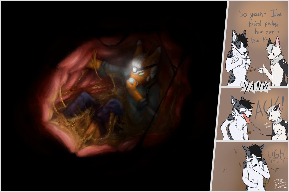CW: Detailed internals, sick feeling doggo

Voretober Day 12: Rescue

Gotta be careful when dropping into stomachs...they aren't very hospitibal places...

Dog: <a href="/Randalbutsofter/">Randal: Now Even Softer</a> 
Batcat: <a href="/NoctNii/">Nii</a> 

#Voretober2024 #Voretober