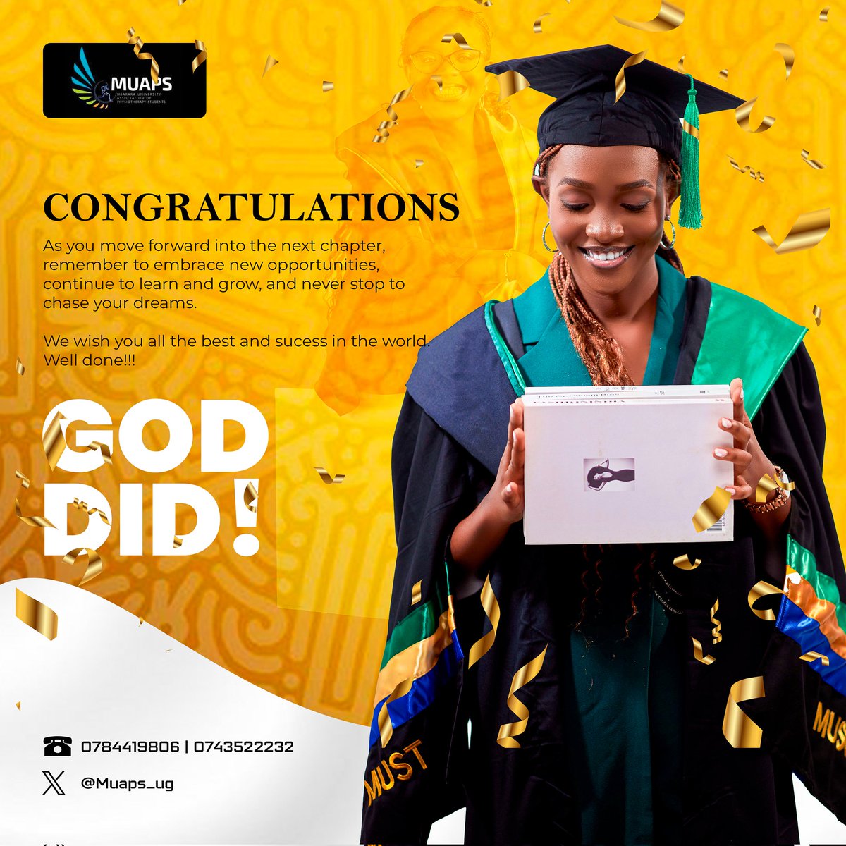 Here we gooooo!!!!
Indeed, God has Done it Again. 
We congratulate our fresh graduates upon this enormous milestone. 
You are Tested Approved and Trusted.
Go do wonders Fam.
#Worldphysiotherapynetwork 
#UPA
#MUAPS
