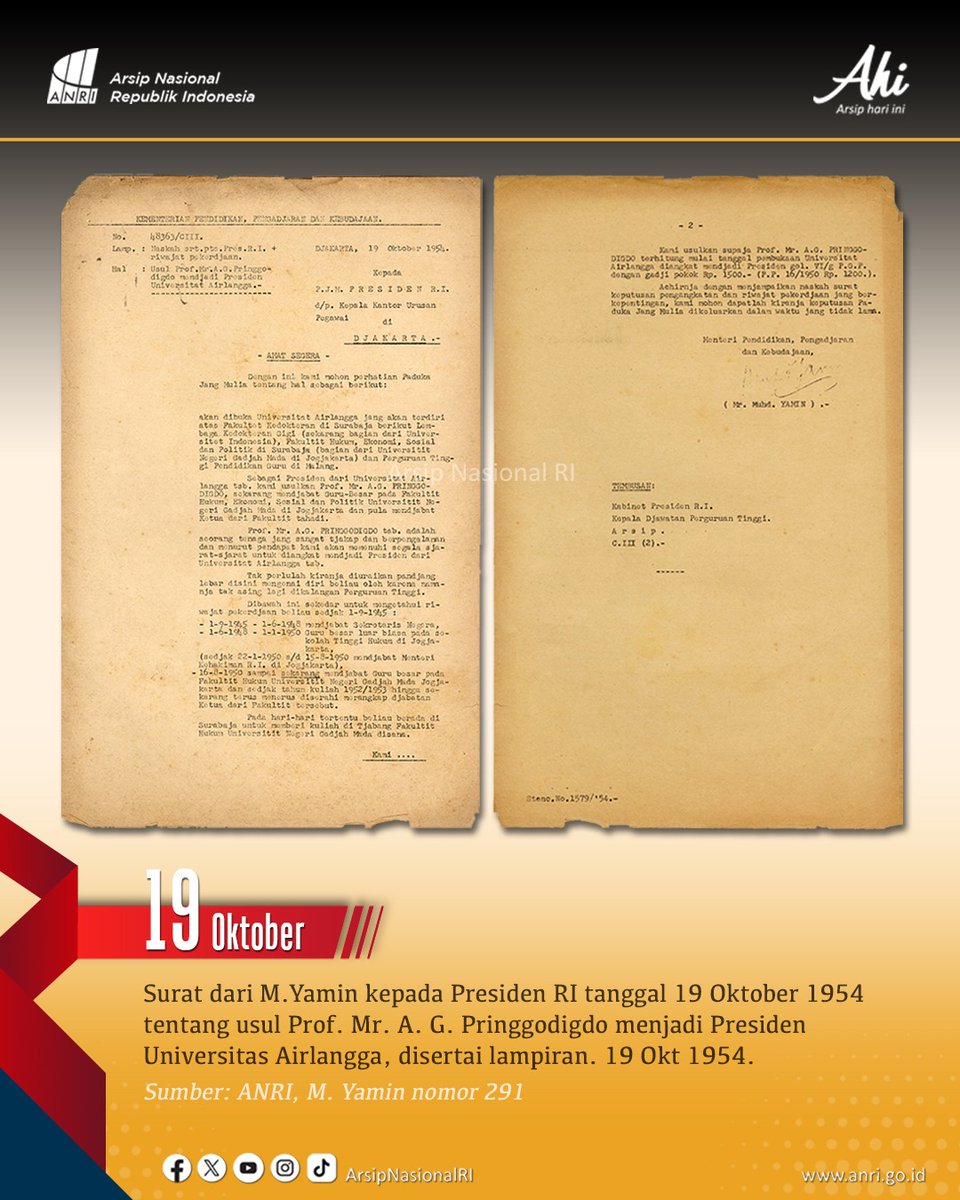 ArsipNasionalRI's tweet photo. #ArsipHariIni menampilkan Surat dari M. Yamin kepada Presiden RI tanggal 19 Oktober 1954 tentang usul Prof. Mr. A. G. Pringgodigdo menjadi Presiden Universitas Airlangga, disertai lampiran. https://t.co/Ec8f2bR5Pj