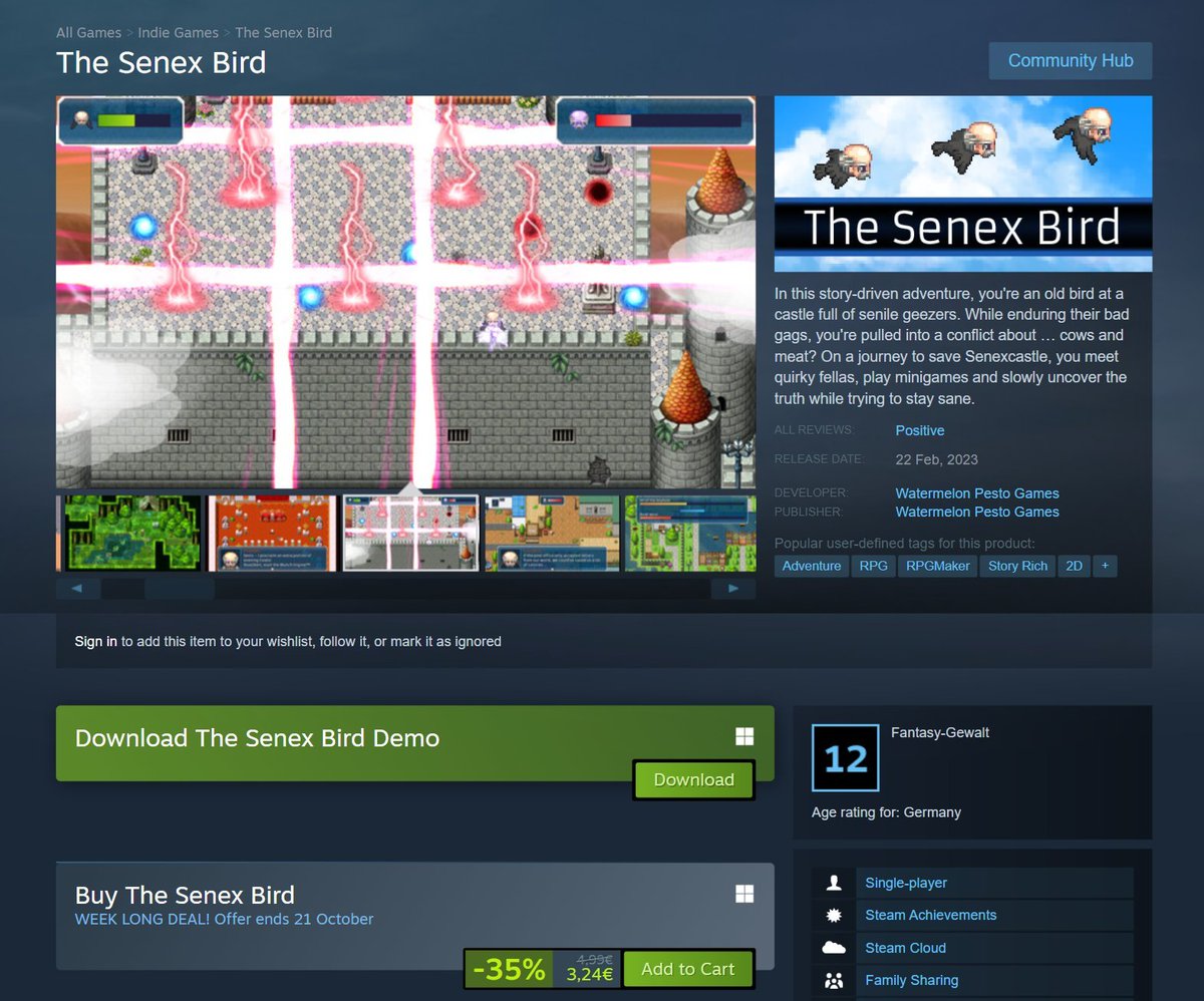 Although it's not part of it, I've made the demo of The Senex Bird downloadable again during #SteamNextFest. Also, there is a 35 % discount on the full game until the end of this weekend!🥳 #gamedev #indiegame