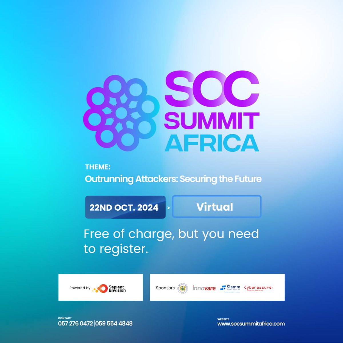 CSAGhana's tweet photo. Great News 🎉📌🇬🇭
The 2024 edition of the SOC Summit Africa is here! 

Theme - Outrunning Attackers: Securing the Future.

Secure your spot now, don’t be left behind!

Register here: https://t.co/NoKBo0a0Rs

#Ncsam2024 📌🔥
#SOCSummit
#OutrunTheAttackers https://t.co/U1L02lWivt