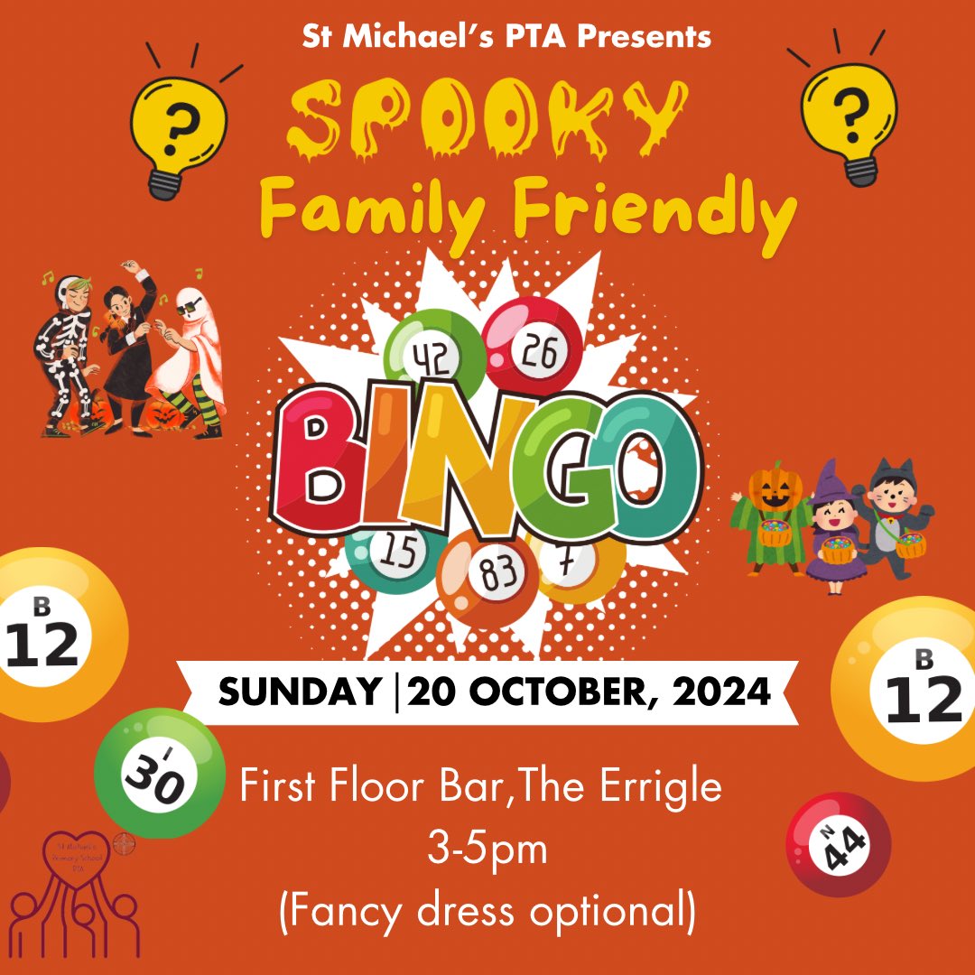 For with tickets for bingo on Sunday:

🕒 Bingo starts at 3:15 PM sharp!
🖍️ Don't forget your highlighters or markers!
🎃 Halloween costumes are encouraged for all ages!
🏆 Spot prizes for the best costumes!
💵 Bring cash for raffle tickets!

Get ready for a spooktacular time!