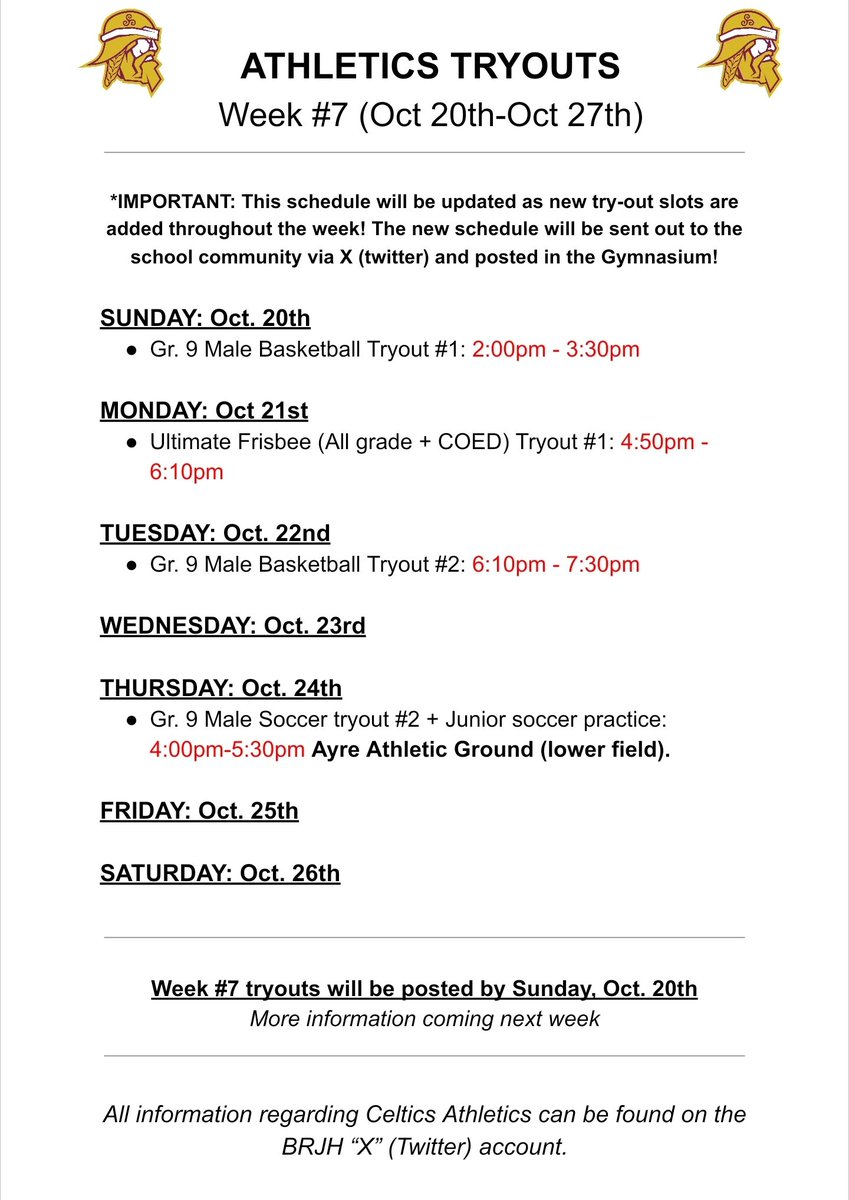 🚨WEEK #7 TRYOUTS🚨

Attention <a href="/BRJHCeltics/">Brother Rice Celtics</a> Athletes. See below for WEEK #7 tryouts. TRYOUTS HAVE BEEN ADDED FOR TODAY. 

Please remember your two forms. MEDICAL CONSENT &amp; ATHLETE INFORMATION FORMS.  #GOCELTICSGO #BRJHathletics 🏀 🏐