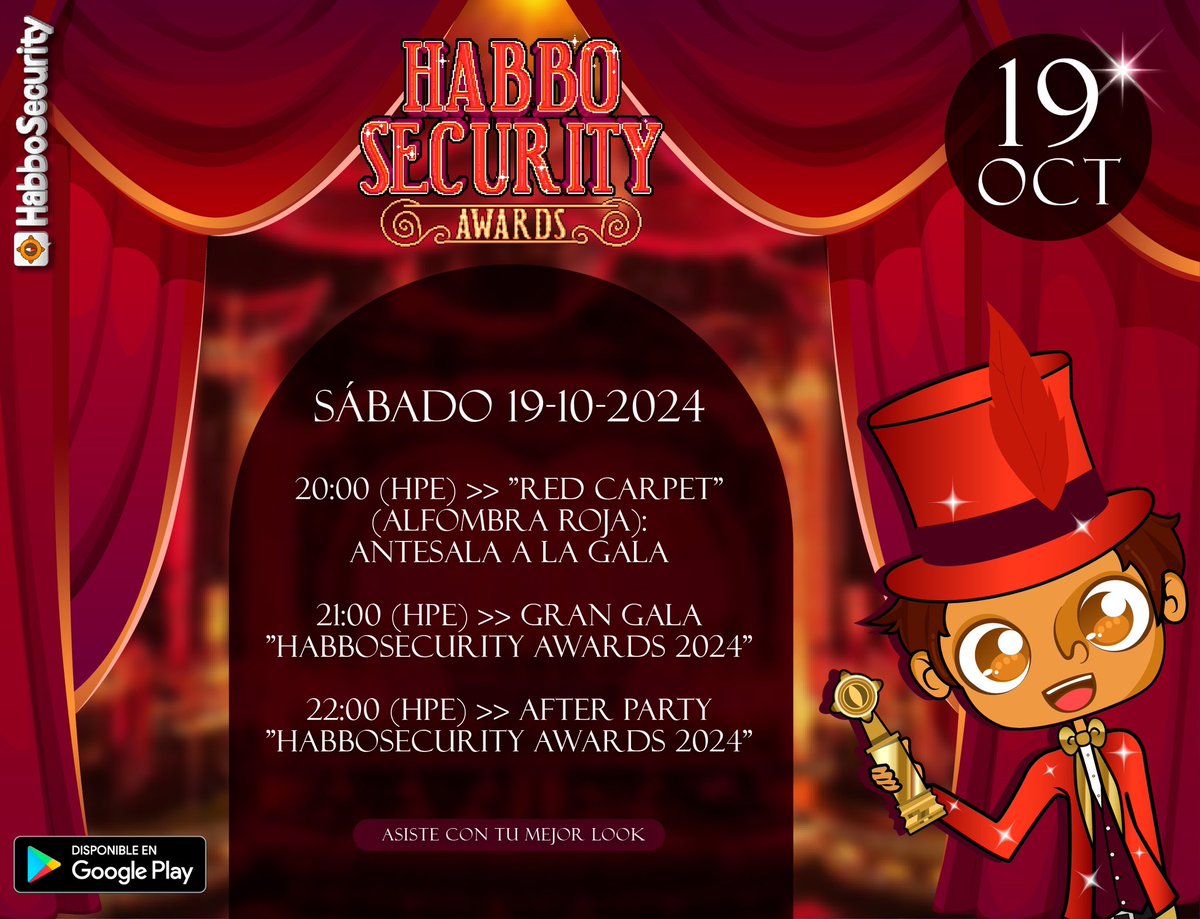 HabboSecurity (@eshabbosecurity) on Twitter photo 📣¡Atención! No dejes de asistir al magno evento del año, los ✨"HabboSecurity Awards 2024"🏆 en su undécima edición🎩 La cita es hoy sábado 19 de octubre a partir de las 20:00 (HPE) ¿Te lo perderás?🎉 ¡Mucha suerte a tod@s l@s nominad@s!🤞 #HabboSecurityAwards2024 <a href="/ESHabbo/">Habbo ES/MX</a> 📣¡Atención! No dejes de asistir al magno evento del año, los ✨"HabboSecurity Awards 2024"🏆 en su undécima edición🎩 La cita es hoy sábado 19 de octubre a partir de las 20:00 (HPE) ¿Te lo perderás?🎉 ¡Mucha suerte a tod@s l@s nominad@s!🤞 #HabboSecurityAwards2024 <a href="/ESHabbo/">Habbo ES/MX</a>