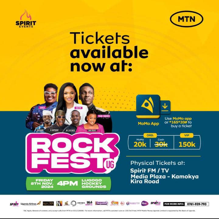 Rock Fest Ug Tickets now available on MTN Momo. Dial *165*20# to get yourself a ticket on an  instant.
#Rockfestug 
#spiritevents