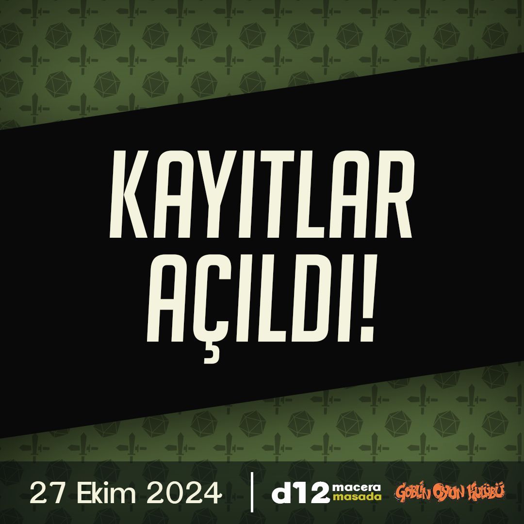 Maceraya hazır mısınız? 27 Ekim Pazar günü etkinliği için kayıtlar herkese açıldı! Masalar hızla doluyor, siz de yerinizi ayırtın ve maceraya katılın. Kayıt için: d12macera.com/d12masada