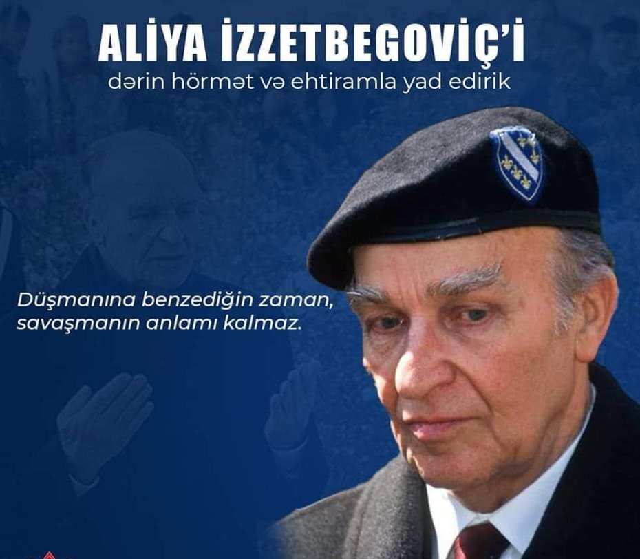 anarasadli's tweet photo. Onun haqqında yazıçılar yazırdı ki, :"Ayağında zəncirlər daş karxanalarında işlədi, ancaq heç zaman ideallarından dönmədi."  

Aliya İzzetbeqoviç, Bosniya və Herseqovinanın ilk prezidentini anım günündə dərin hörmət və ehtiramla yad edirəm.

#aliyaizzetbegoviç https://t.co/y9N7K5rYpO