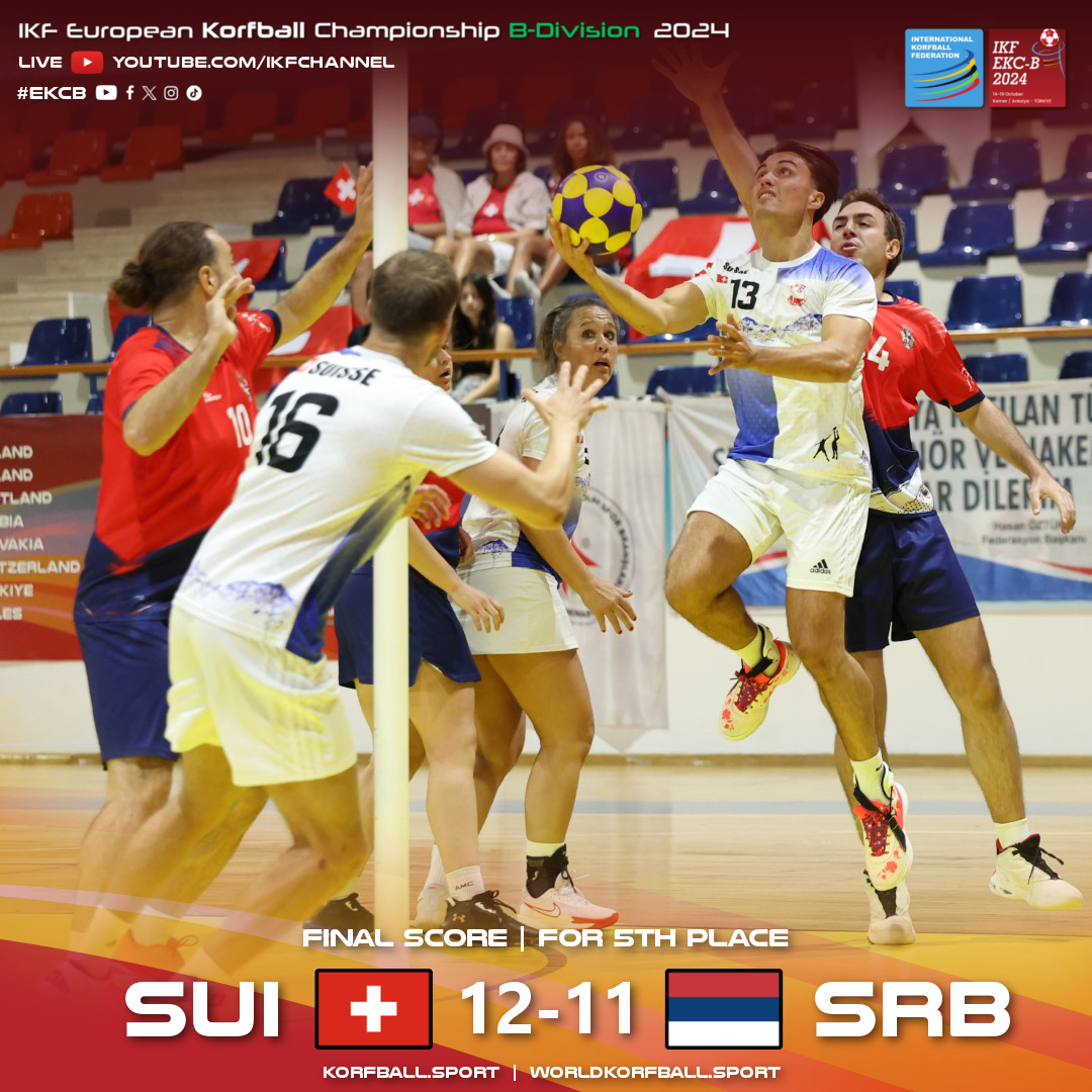 korfball's tweet image. #EKCB | Final Score: SUI 12-11 SRB | #For5thPlace #Day6
SUI ends 5th and qualify for the #EKC2026. SRB finishes 6th.

🏆 IKF European #Korfball Championship B-Division 2024
🗓️14-19 Oct 📍Kemer, TUR🇹🇷
📺📈📰 Info, streams &amp;amp; results: korfball.sport/?p=40168
📷 M. Spelten #korfbal