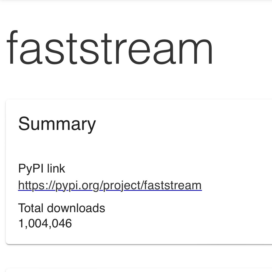 airt_AI's tweet image. #TFW you realize our #FastStream passed 1M downloads! 😱🤩
pepy.tech/projects/fasts…
#PepyTech @psincraian #Python #OpenSource @pypi