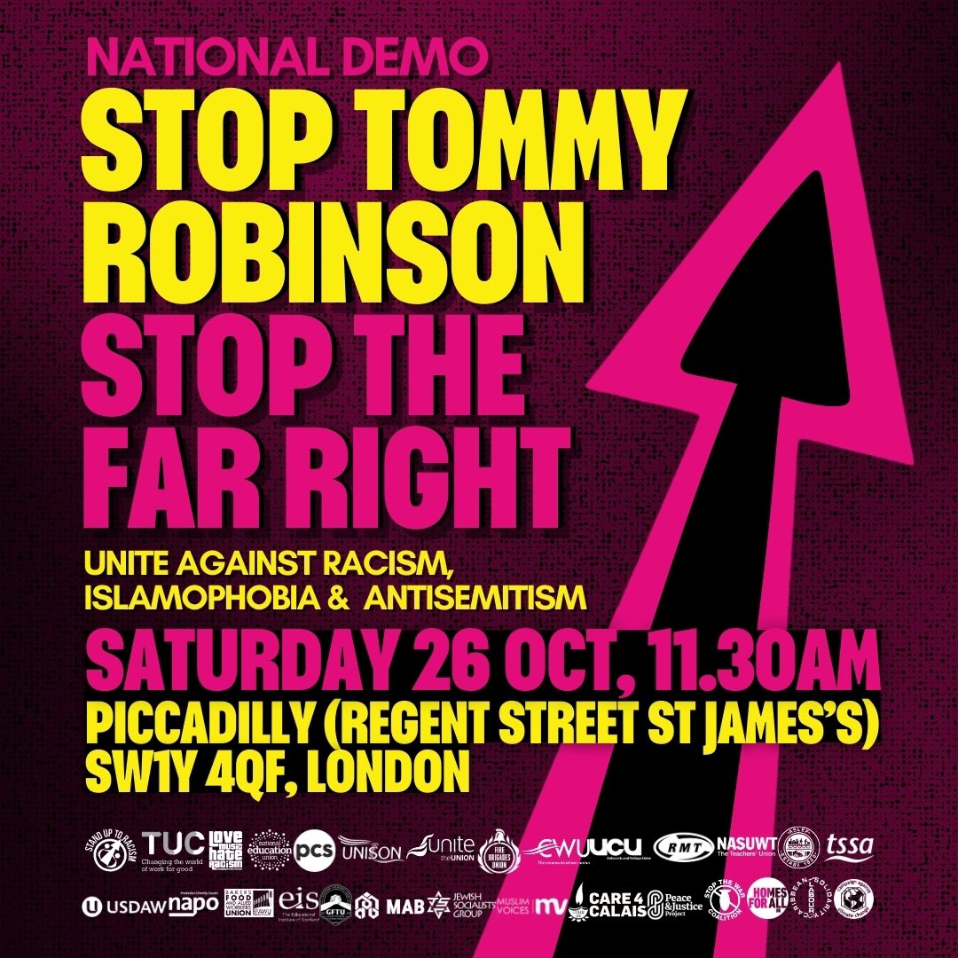 AntiRacismDay's tweet photo. 🚨1 WEEK TO GO

Next Saturday, fascist Tommy Robinson is bringing his hate march to London. 

We need to show up in our numbers and unity to oppose them. Join the national demo 26 October #StandUpToRacism https://t.co/6oPkhlV8wX