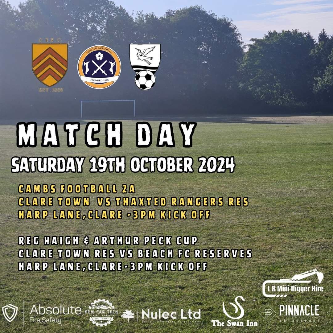 Clare Town FC (@claretownfc) on Twitter photo Bit more football this afternoon.
Double header
<a href="/Thaxted_Rangers/">Thaxted Rangers FC First & Reserves</a> and Beach FC Reserves visit Harp Lane. Bit more football this afternoon.
Double header
<a href="/Thaxted_Rangers/">Thaxted Rangers FC First & Reserves</a> and Beach FC Reserves visit Harp Lane.
