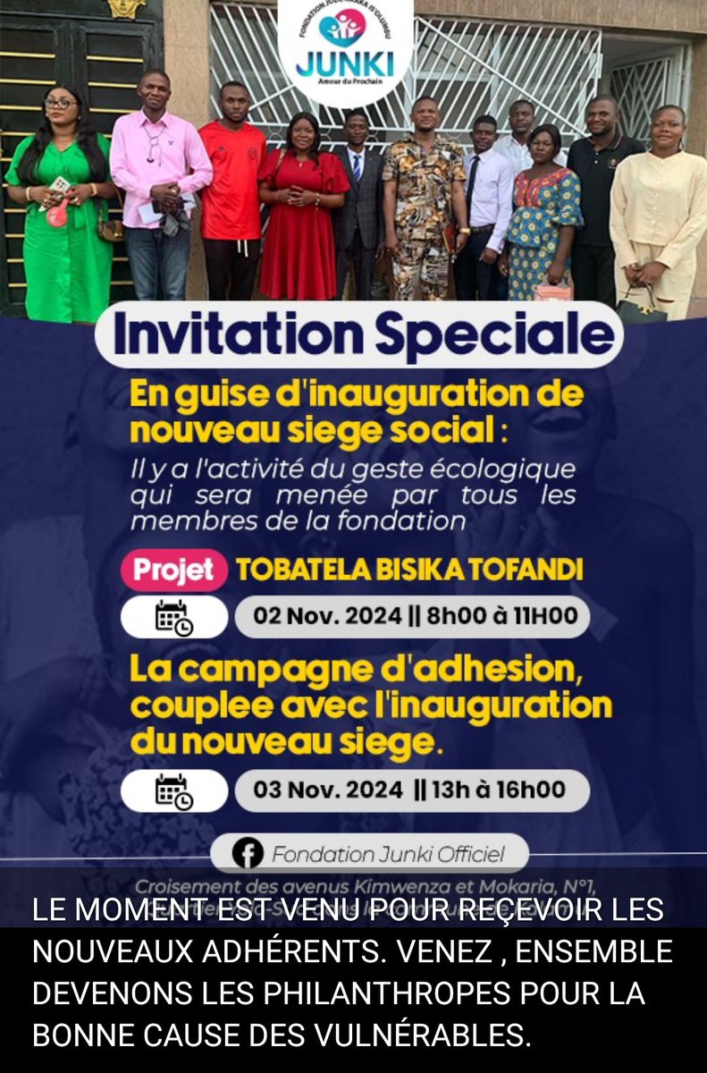 LiemaTresor's tweet photo. #RDC, «JUNKI-AP».
LE MOMENT EST VENU POUR REÇEVOIR LES NOUVEAUX ADHÉRENTS ❗
VENEZ, ENSEMBLE DEVENONS LES PHILANTHROPES POUR LA BONNE CAUSE DES VULNÉRABLES ❗ https://t.co/8cPaxhpeS6