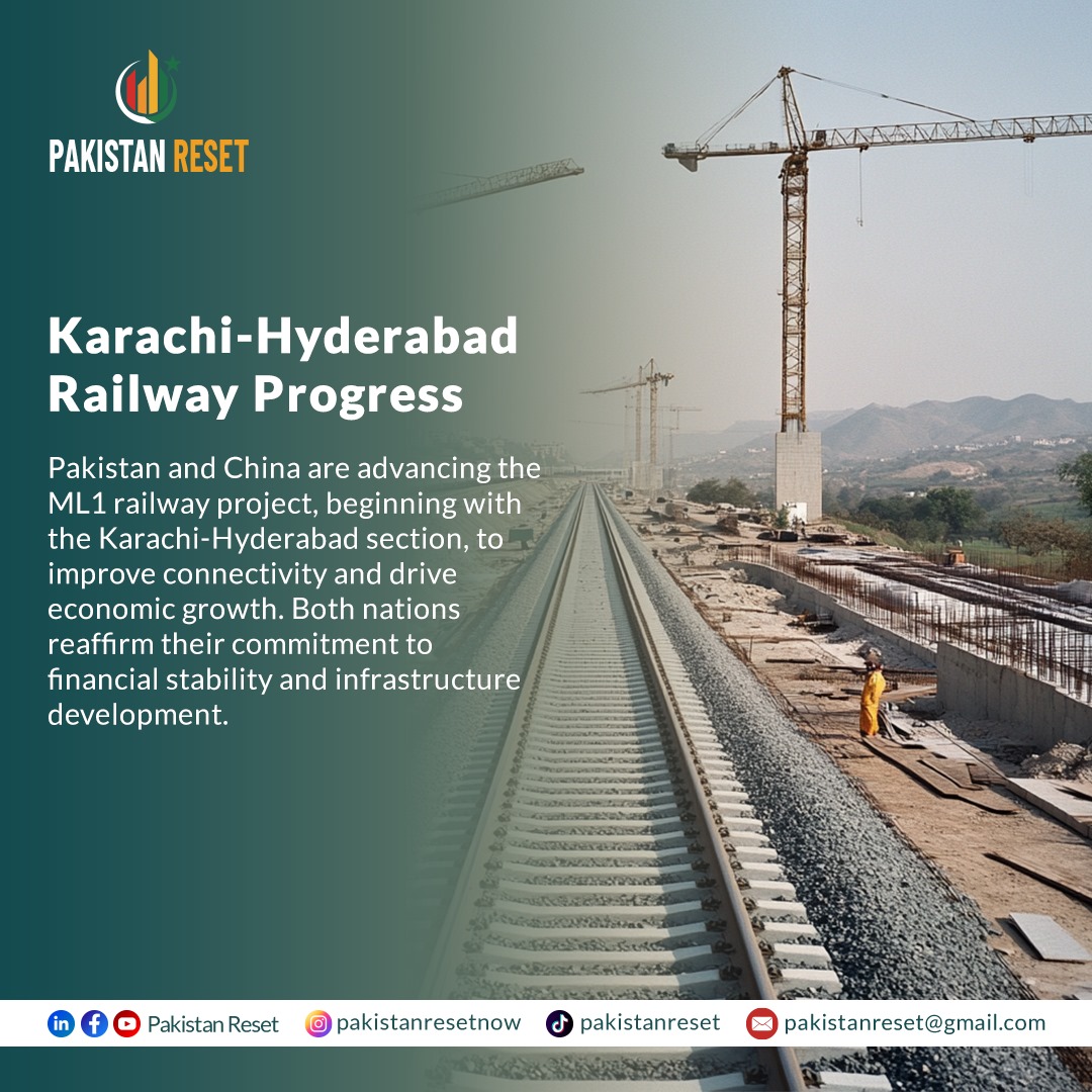 pakistanreset's tweet photo. Pakistan and China are advancing the ML1 railway project, starting with the Karachi-Hyderabad section, to boost connectivity and economic growth. Both nations reaffirm their commitment to financial stability and infrastructure development. #PakistanReset #Infrastructure #Economic https://t.co/GULKE87AzJ