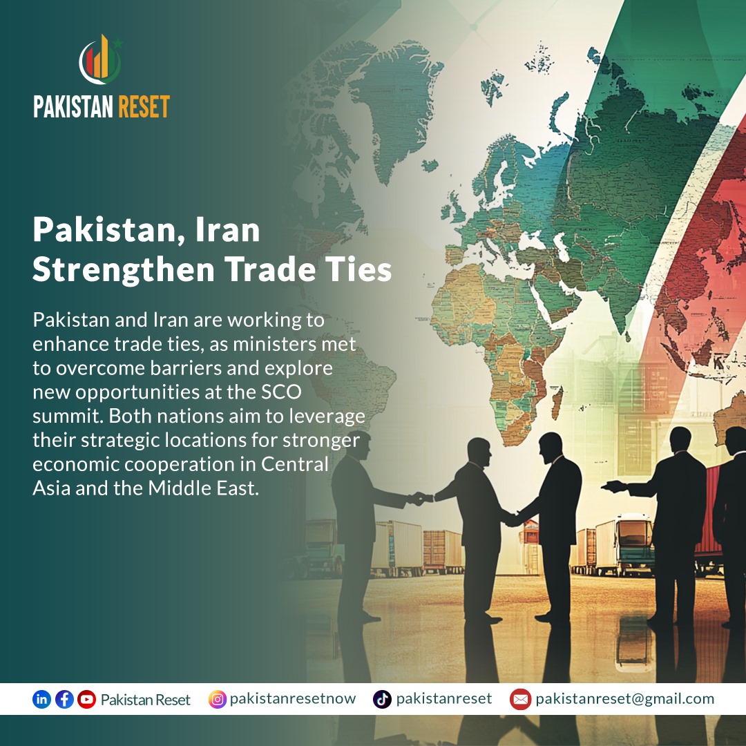 pakistanreset's tweet photo. Pakistan and Iran are enhancing trade ties! Ministers met at the SCO summit to explore new opportunities and overcome barriers. Both nations aim to leverage their strategic locations for stronger economic cooperation in Central Asia and the Middle East. #PakistanReset #Trade #Eco https://t.co/CRtTkGYlYB