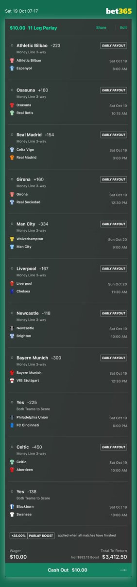 Pk682boss's tweet photo. Nice winning odds here , mostly Saturday games
340:1 odds with Bet365 boost π₯π₯π₯
#stakesensible
Some games could be tricky ! https://t.co/aVJC8KEgrH