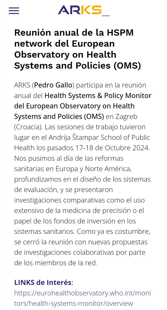 El IP <a href="/grupoARKS/">Grupo ARKS</a> P Gallo participa como experto en la reunión anual 💊📊 Health Systems &amp; Policy Monitor del European Observatory on Health Systems and Policies (OMS) en Zagreb (Croacia) grupoarks.org/noticias2024