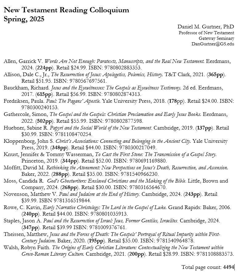 Thanks for the input for my PhD Reading Seminar in NT for the Spring. Very help! Here is my final list. I add Rowe's "Early Narrative Christology," for the clarity of argumentation and familiar subject matter to help students think about their own dissertation writing.