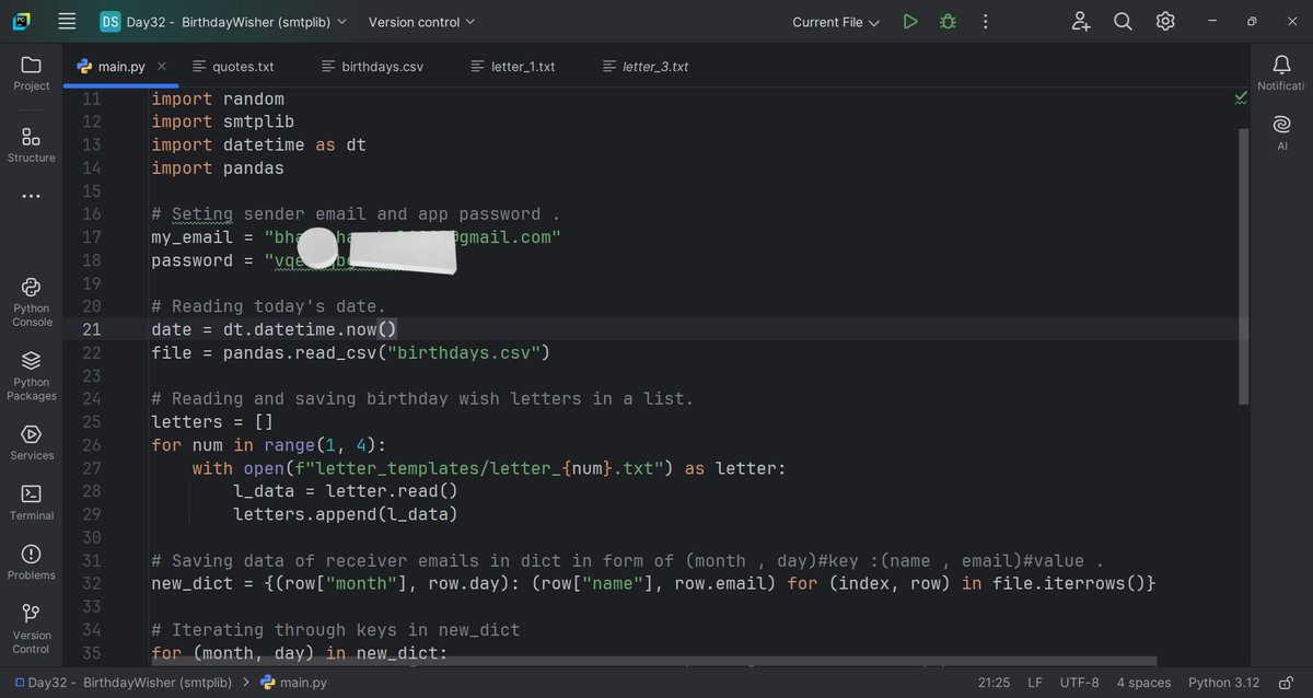 hpatil_'s tweet photo. #Day32 of
#100DaysOfPython

📌#Smtplib :
To establish a connection via SMTP to sender email host and receiver email host .

📌#Datetime:
Used datetime class from datetime module.

🔨🔨🔨
Birthday Wisher program &amp;
Monday Motivation program.
#pythonanywhere
#100DaysOfCode #udemy https://t.co/LlerrH7COb