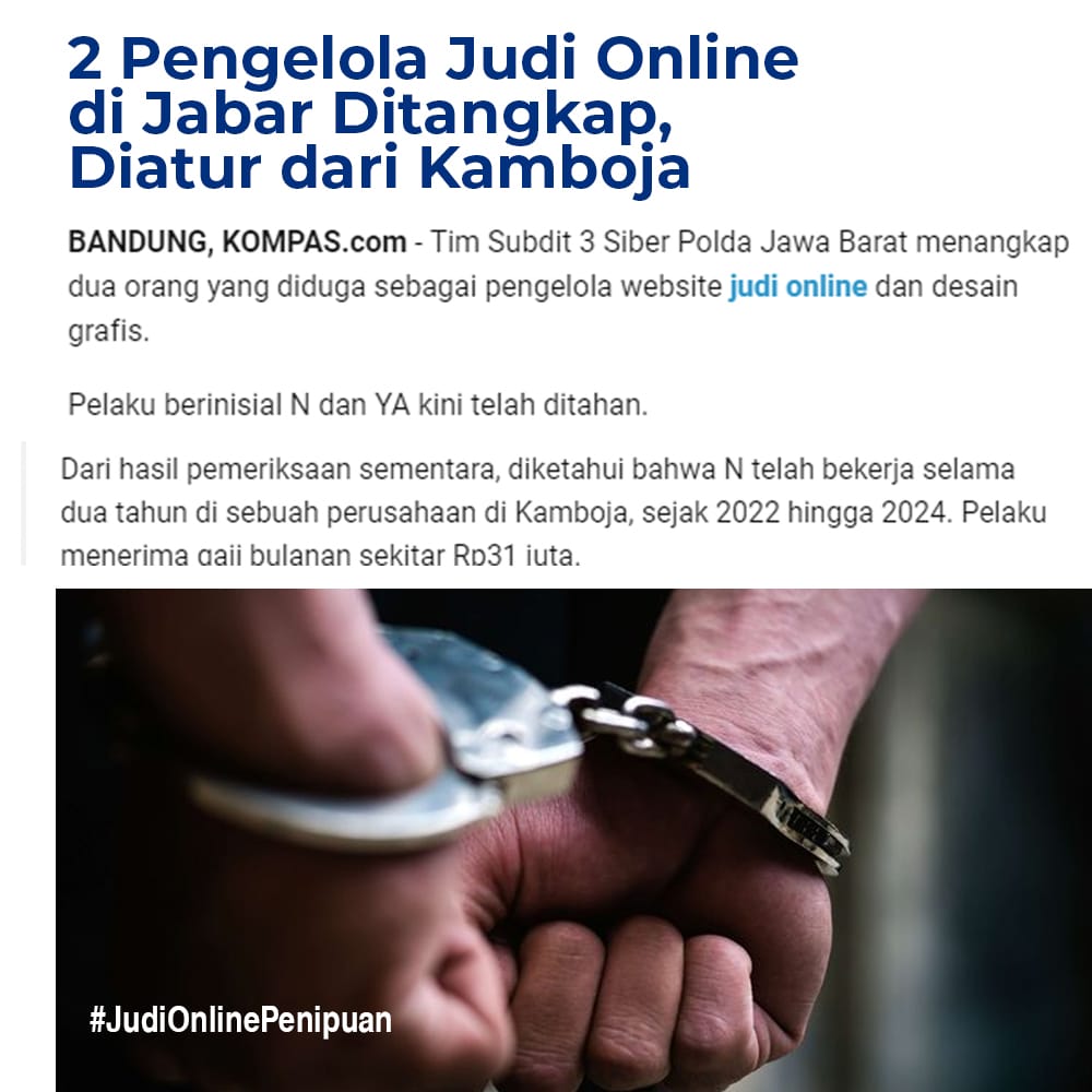 Mantap, judi online harus di basmi agar tak meresahkan!
2 pengelola Judi online di Jabar di tangkap, diatur dari Kamboja

#TerimaKasihJokowi Bu Retno
Indah G irish bella #KARINA1stwin Prabowo - Gibran #TebusanDosa