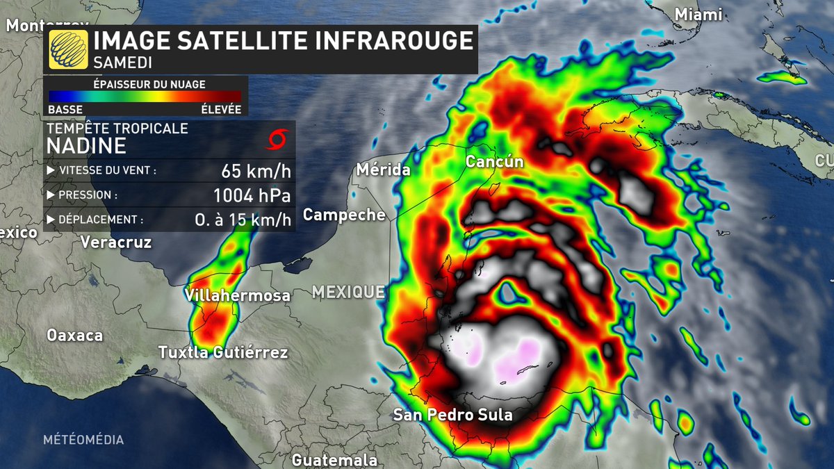 La 14e tempête nommée est née la nuit dernière. Nadine menace cette fois les secteurs de l'Amérique centrale avec 300 mm de pluie possibles par endroits. Elle s'est formée un mois plus tôt que la normale qui est le 19 novembre.
#mm #meteoqc