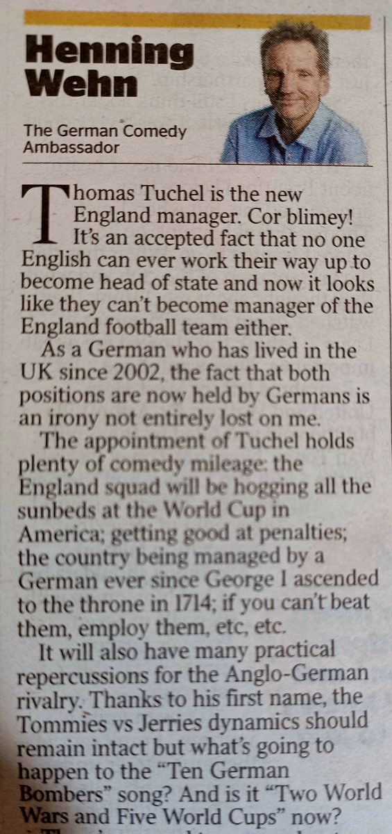 TommyCoyneBN1's tweet photo. This column by @henningwehn in today's @thetimes is brilliant, IMHO.
#Tuchel #EnglandManager ๐
https://t.co/ppNH4RlAZb