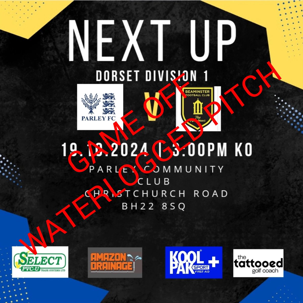 Todays game is postponed due to a waterlogged pitch 😩😩