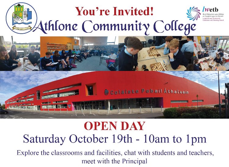 ccathlone's tweet photo. Today’s the day! It’s Open Day at ACC! 🎉 Come in, explore, and ask lots of questions. We can’t wait to meet you all and show you what our school is all about. See you there! 😊🏫 #ACCOpenDay #ExploreACC #ACCCommunity #WeAreLWETB https://t.co/1Zg7J9tMLZ