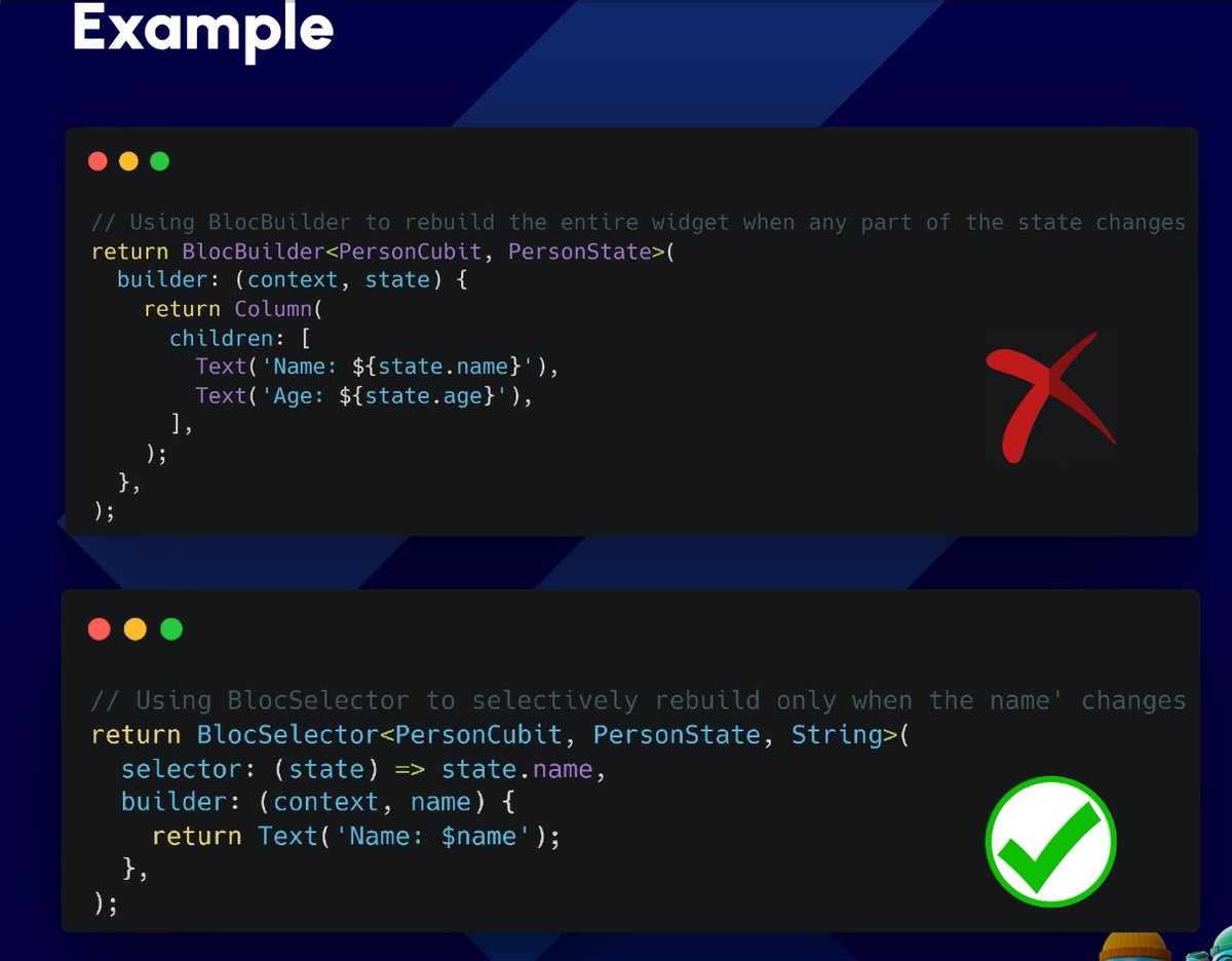 Sarahjame78's tweet image. &quot;Optimize your Flutter UI with BlocSelector! &quot;
&quot;Rebuild smarter, not harder BlocBuilder vs. BlocSelector &quot;
&quot;Selective updates for maximum performance #Flutter&quot;
&quot;Master state management with precision&quot;
&quot;Choose wisely: Broad vs. targeted rebuilds #BlocPattern&quot;