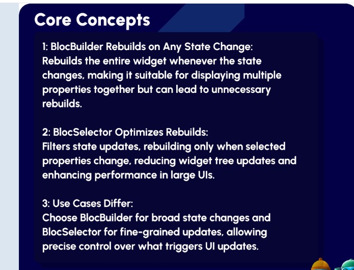 Sarahjame78's tweet image. &quot;Optimize your Flutter UI with BlocSelector! &quot;
&quot;Rebuild smarter, not harder BlocBuilder vs. BlocSelector &quot;
&quot;Selective updates for maximum performance #Flutter&quot;
&quot;Master state management with precision&quot;
&quot;Choose wisely: Broad vs. targeted rebuilds #BlocPattern&quot;